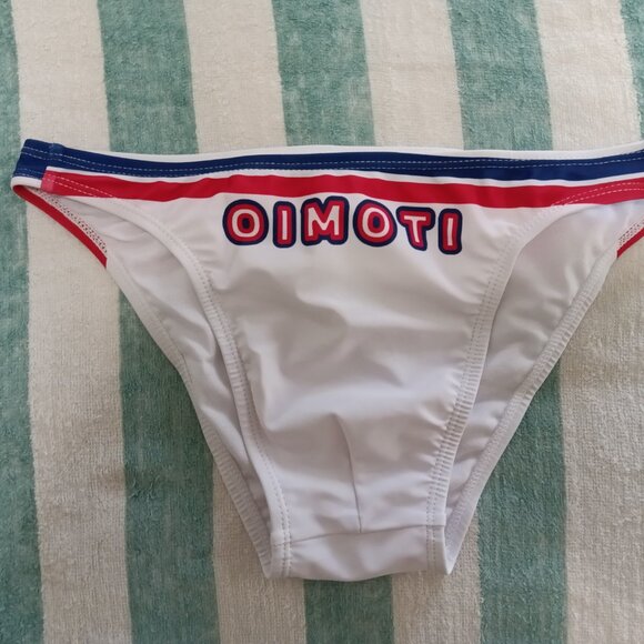 NWT OIMOTI WHITE SWIM BRIEF WITH RED AND BLUE STRIPE, SIZE "M" (32"-33") - Picture 1 of 9